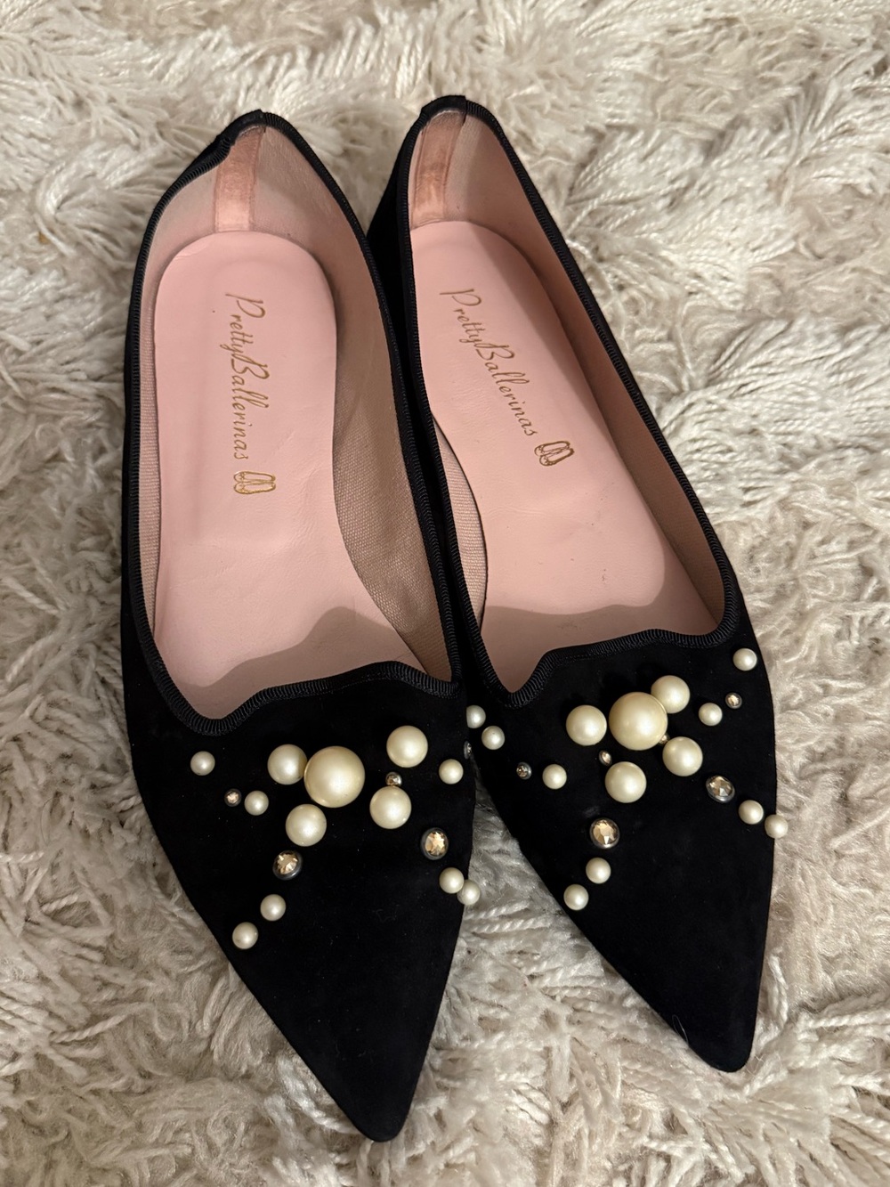 Pretty Ballerinas Black Suede Flats Pearl Swarovski Crystals Spain Size 39